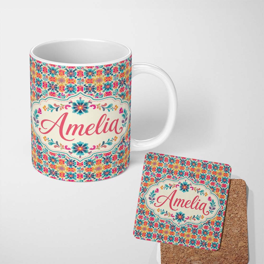 Personalized Custom Name Boho Floral Folk Garden Vibrant Bloom Seamless Pattern Name Cute 11oz Ceramic Coffee Tea Mug White Large Handle