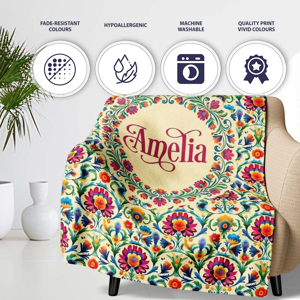 Scandinavian Folk Floral Meadow Bright Flowers Seamless Pattern Personalised Custom Name Super Soft Fleece Blanket Bed Sofa Throw