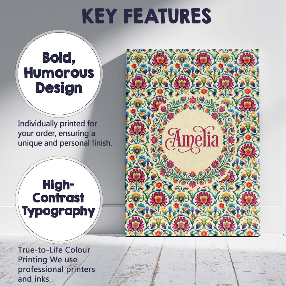 Personalised Name Scandinavian Folk Floral Custom Unique Gift Idea Elegant Feature Canvas Wall Art Print Decor Picture Ready to Hang
