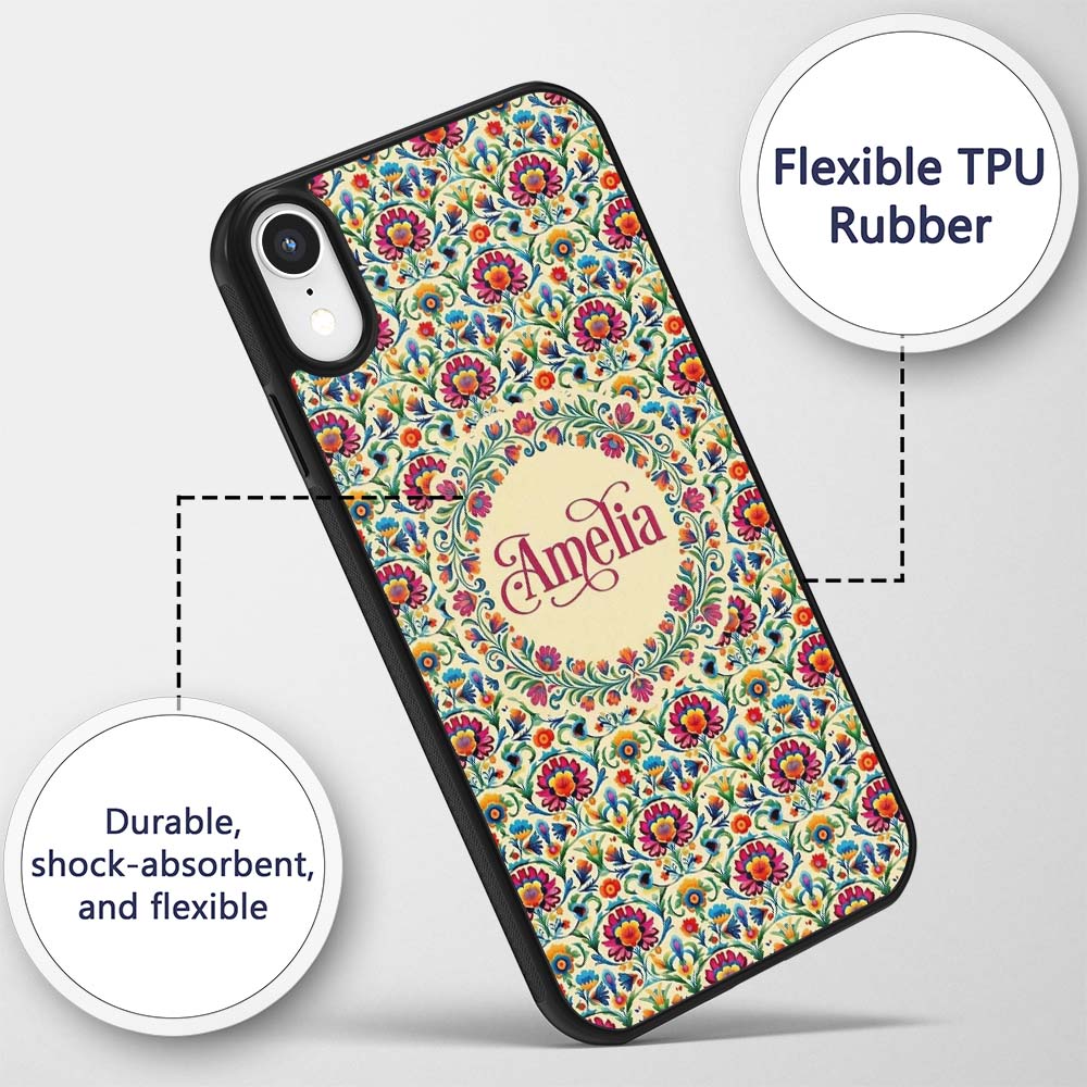 Scandinavian Folk Floral Meadow Bright Flowers Custom Name Protective Phone Case Mobile Cover Durable Everyday Smartphone Shock Resistant