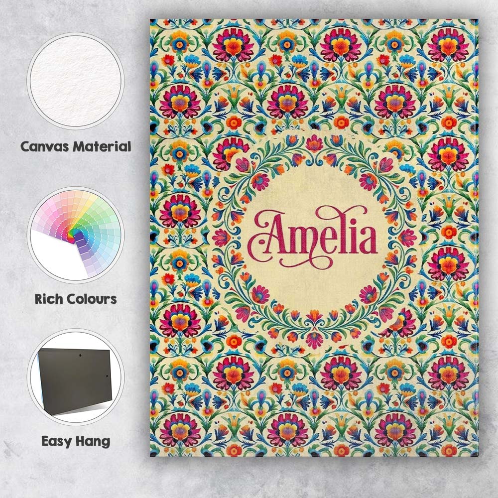 Personalised Name Scandinavian Folk Floral Custom Unique Gift Idea Elegant Feature Canvas Wall Art Print Decor Picture Ready to Hang