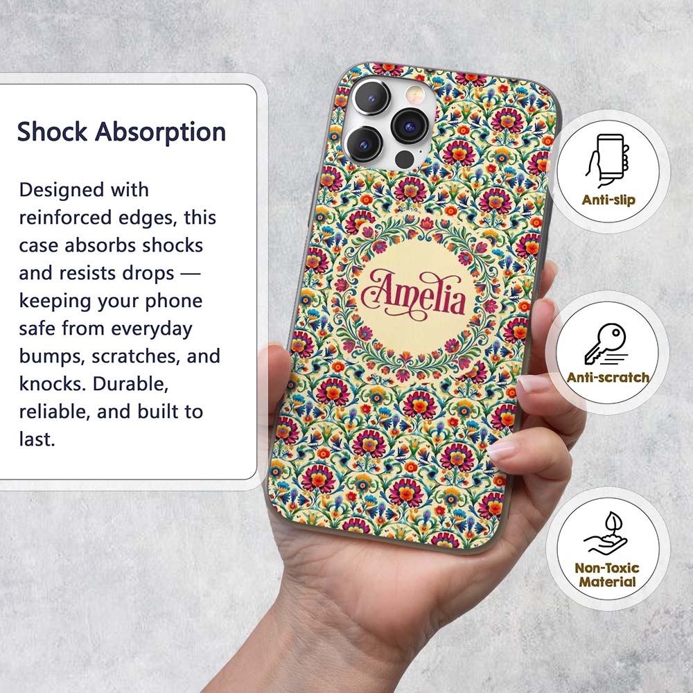 Scandinavian Folk Floral Meadow Bright Flowers Custom Name Protective Phone Case Mobile Cover Durable Everyday Smartphone Shock Resistant