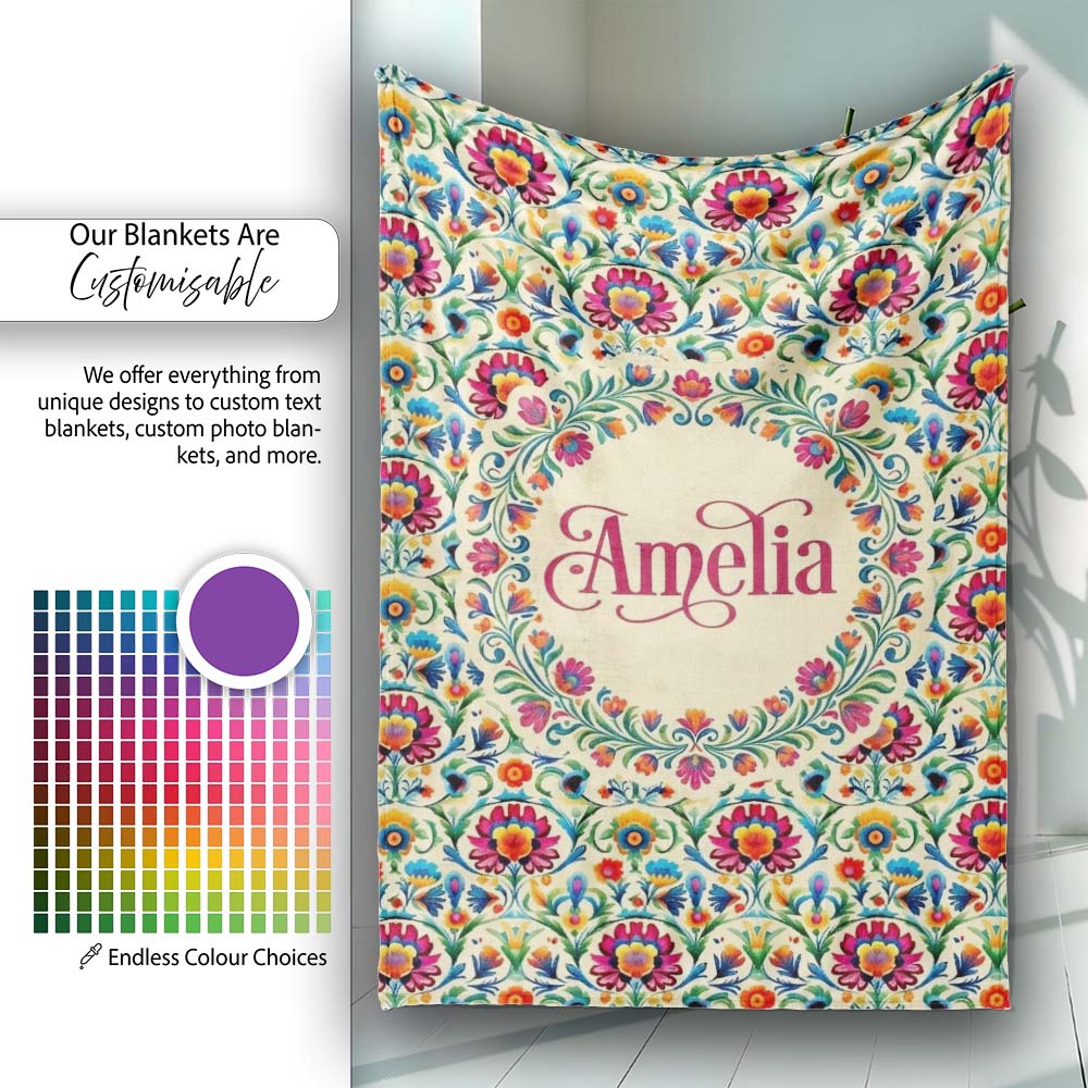 Scandinavian Folk Floral Meadow Bright Flowers Seamless Pattern Personalised Custom Name Super Soft Fleece Blanket Bed Sofa Throw