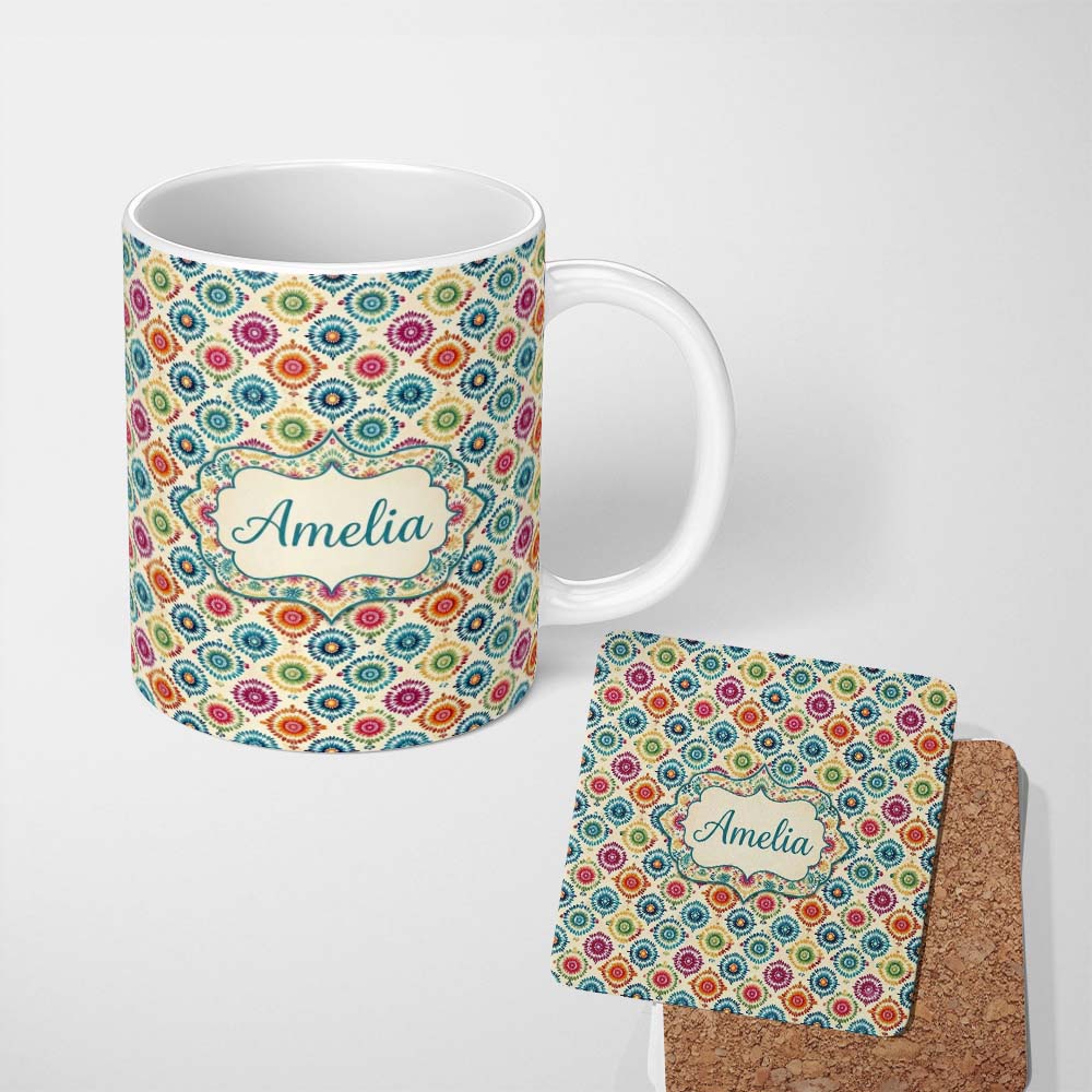 Personalized Custom Name Colorful Folk Floral Medallion Style Seamless Pattern Name Cute 11oz Ceramic Coffee Tea Mug White Large Handle