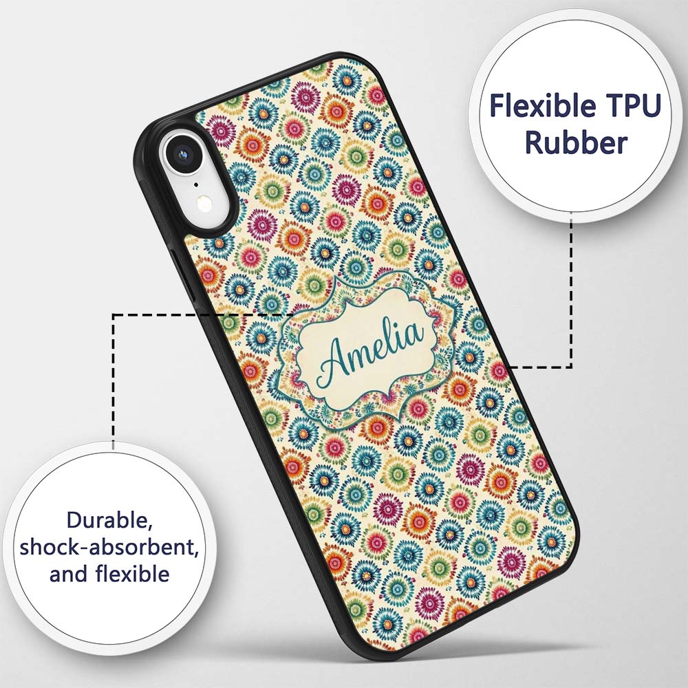 Colorful Folk Floral Medallion Style Seamless Custom Name Protective Phone Case Mobile Cover Durable Everyday Smartphone Shock Resistant