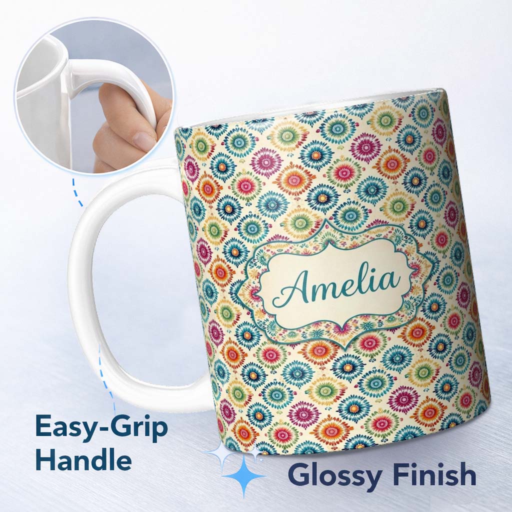 Personalized Custom Name Colorful Folk Floral Medallion Style Seamless Pattern Name Cute 11oz Ceramic Coffee Tea Mug White Large Handle