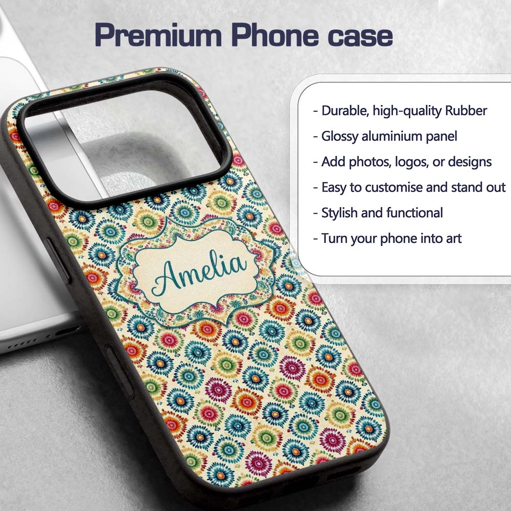 Colorful Folk Floral Medallion Style Seamless Custom Name Protective Phone Case Mobile Cover Durable Everyday Smartphone Shock Resistant