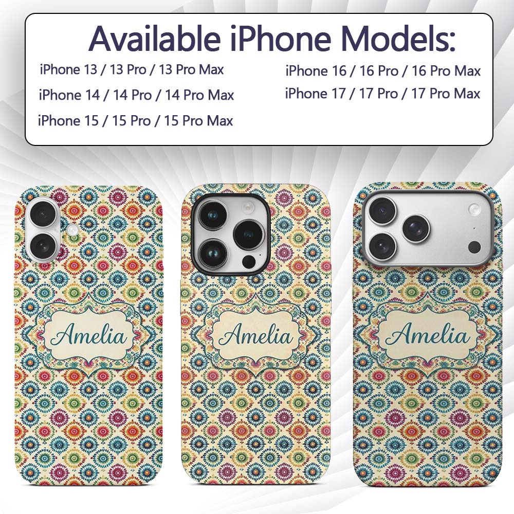 Colorful Folk Floral Medallion Style Seamless Custom Name Protective Phone Case Mobile Cover Durable Everyday Smartphone Shock Resistant