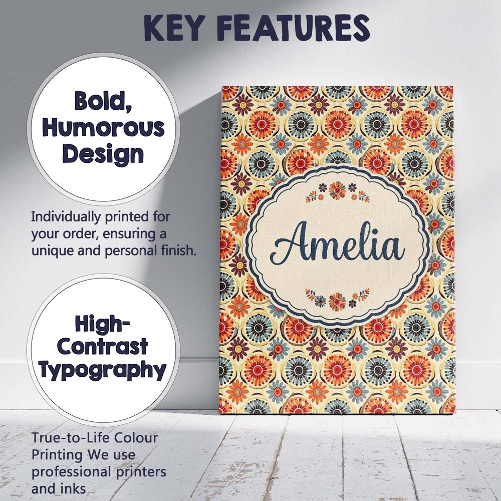 Personalised Name Circular Floral Dots Custom Modern Room Accent Elegant Feature Canvas Wall Art Print Decor Picture Ready to Hang