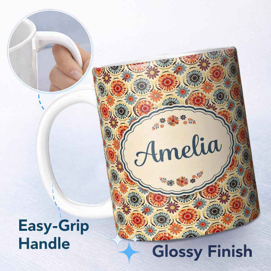 Personalized Custom Name Circular Floral Dots Vintage Inspired Seamless Pattern Name Cute 11oz Ceramic Coffee Tea Mug White Large Handle