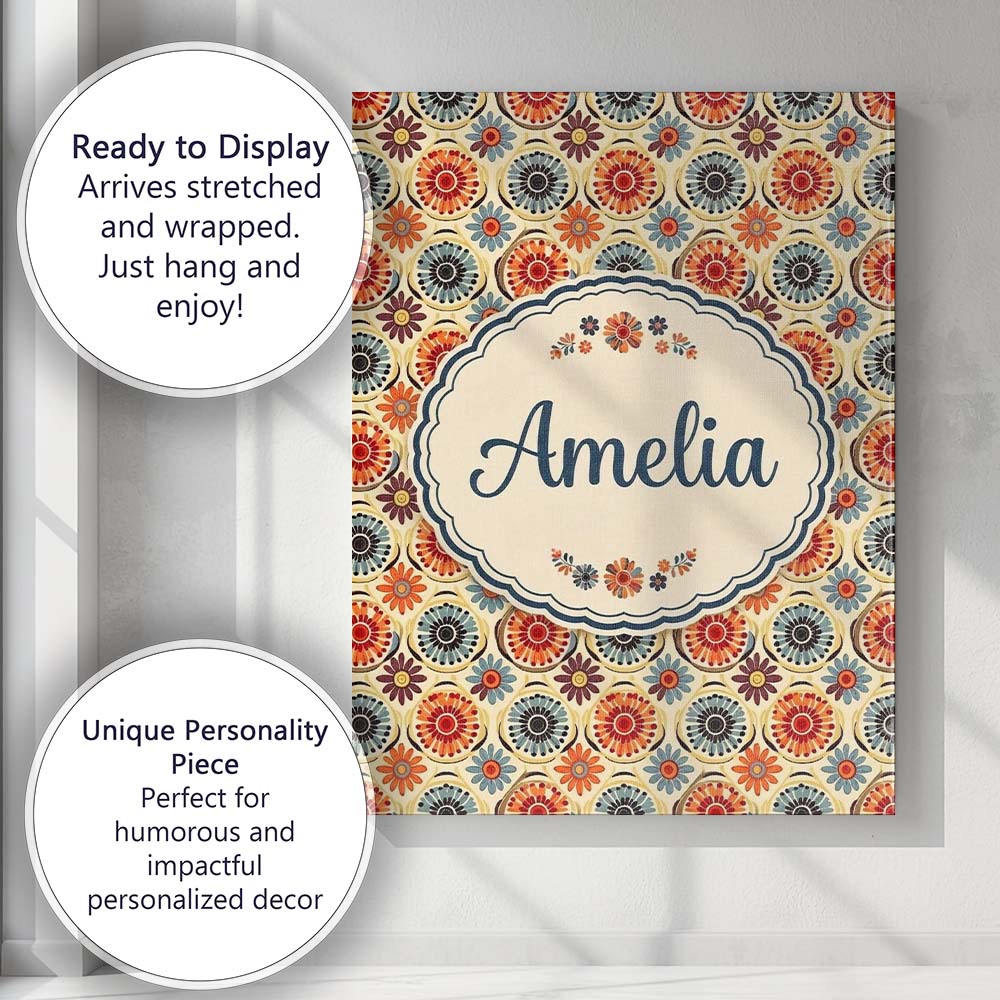 Personalised Name Circular Floral Dots Custom Modern Room Accent Elegant Feature Canvas Wall Art Print Decor Picture Ready to Hang