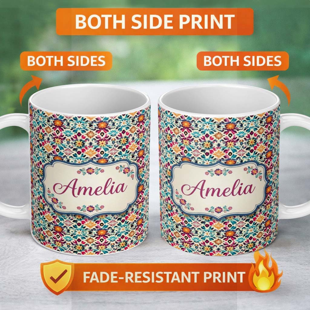 Personalized Custom Name Bohemian Floral Tile Symmetry Vibrant Garden Seamless Pattern Name 11oz Ceramic Coffee Tea Mug White Large Handle