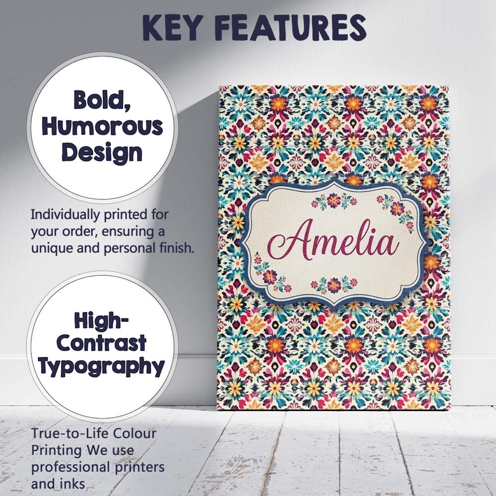 Personalised Name Bohemian Floral Tile Custom Modern Room Accent Elegant Feature Canvas Wall Art Print Decor Picture Ready to Hang