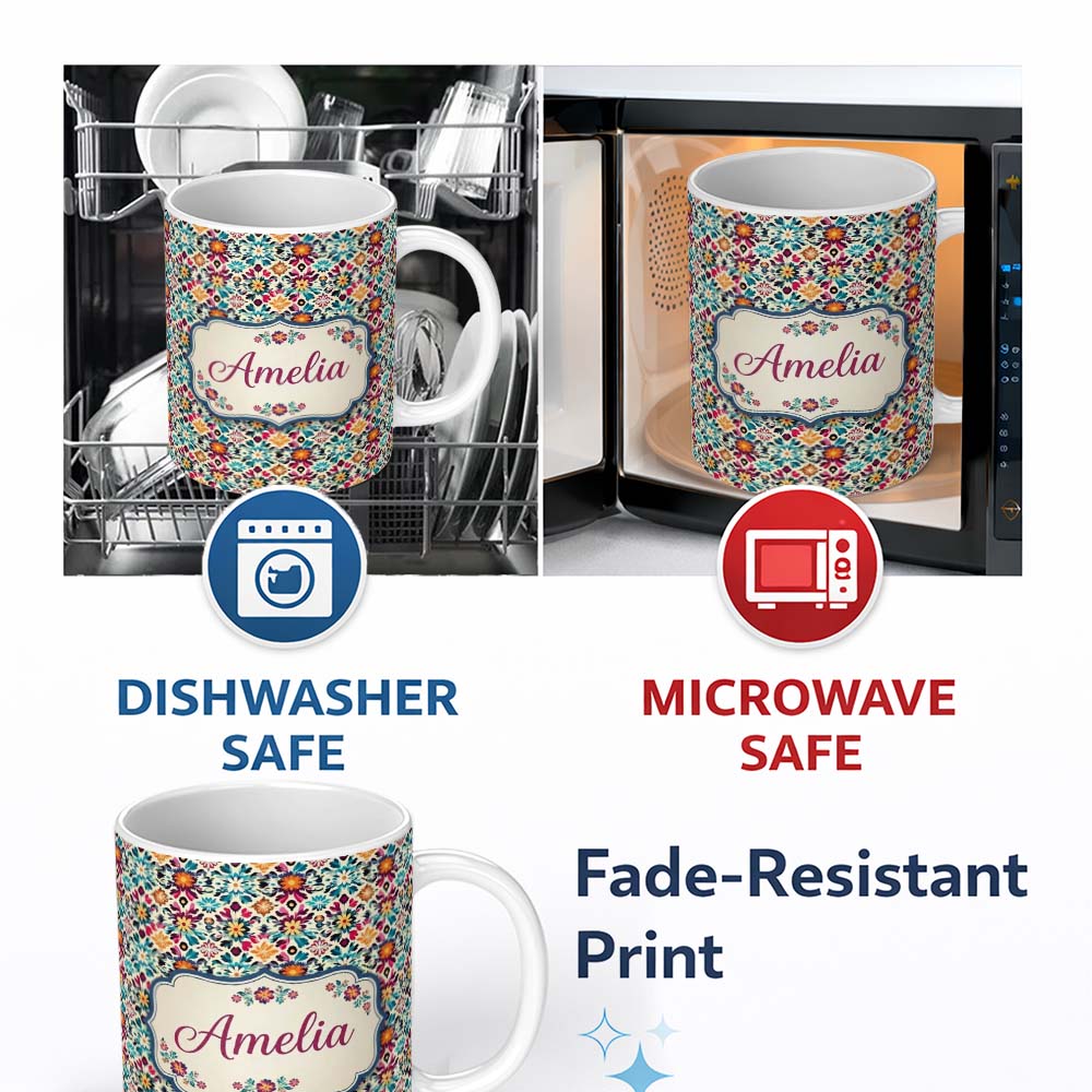 Personalized Custom Name Bohemian Floral Tile Symmetry Vibrant Garden Seamless Pattern Name 11oz Ceramic Coffee Tea Mug White Large Handle