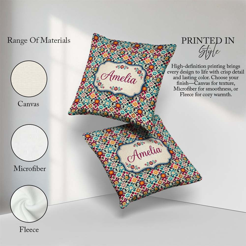 Custom Name Bohemian Floral Tile Symmetry Vibrant Garden Pattern Square Filled Cushion Throw Pillow Sofa Bed Home Decor Zip Washable UK Made