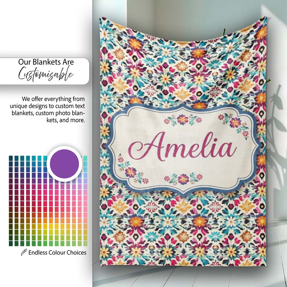 Bohemian Floral Tile Symmetry Vibrant Garden Seamless Pattern Name Personalised Custom Name Super Soft Fleece Blanket Bed Sofa Throw