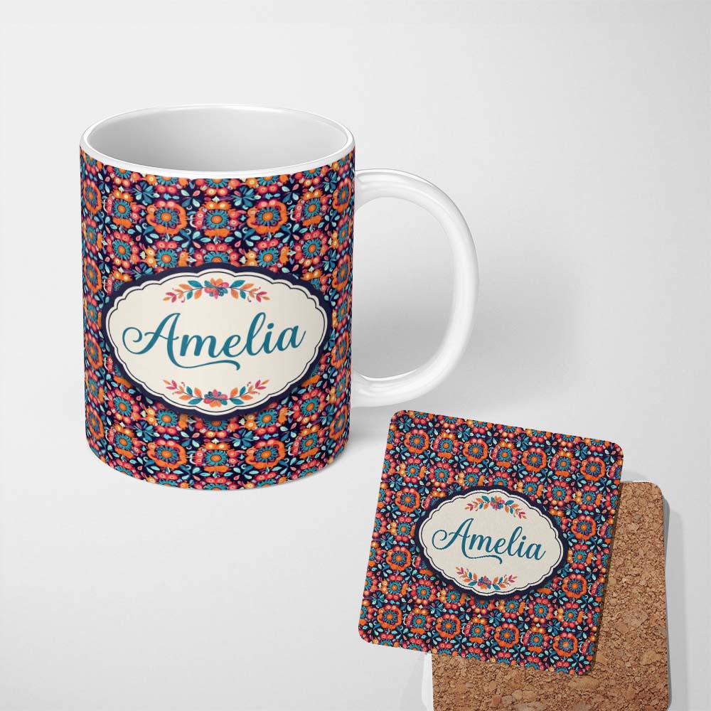 Personalized Custom Name Bold Folk Floral Night Garden Bright Blossoms Seamless Pattern Name 11oz Ceramic Coffee Tea Mug White Large Handle