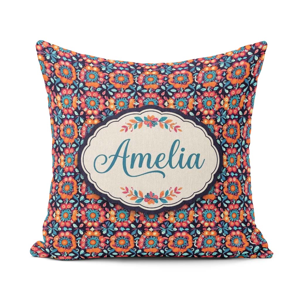 Custom Name Bold Folk Floral Night Garden Blossoms Seamless Name Square Filled Cushion Throw Pillow Sofa Bed Home Decor Zip Washable UK Made
