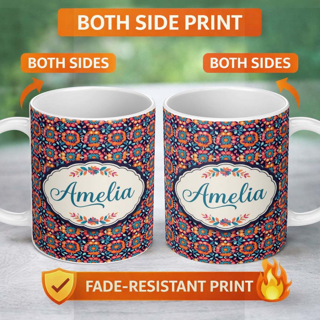 Personalized Custom Name Bold Folk Floral Night Garden Bright Blossoms Seamless Pattern Name 11oz Ceramic Coffee Tea Mug White Large Handle