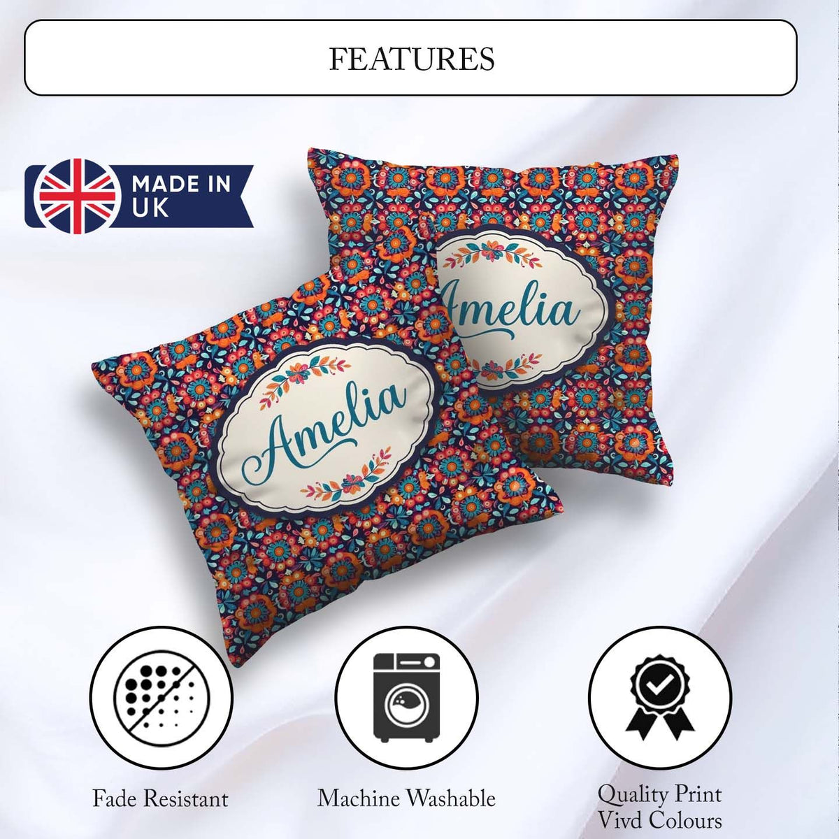 Custom Name Bold Folk Floral Night Garden Blossoms Seamless Name Square Filled Cushion Throw Pillow Sofa Bed Home Decor Zip Washable UK Made