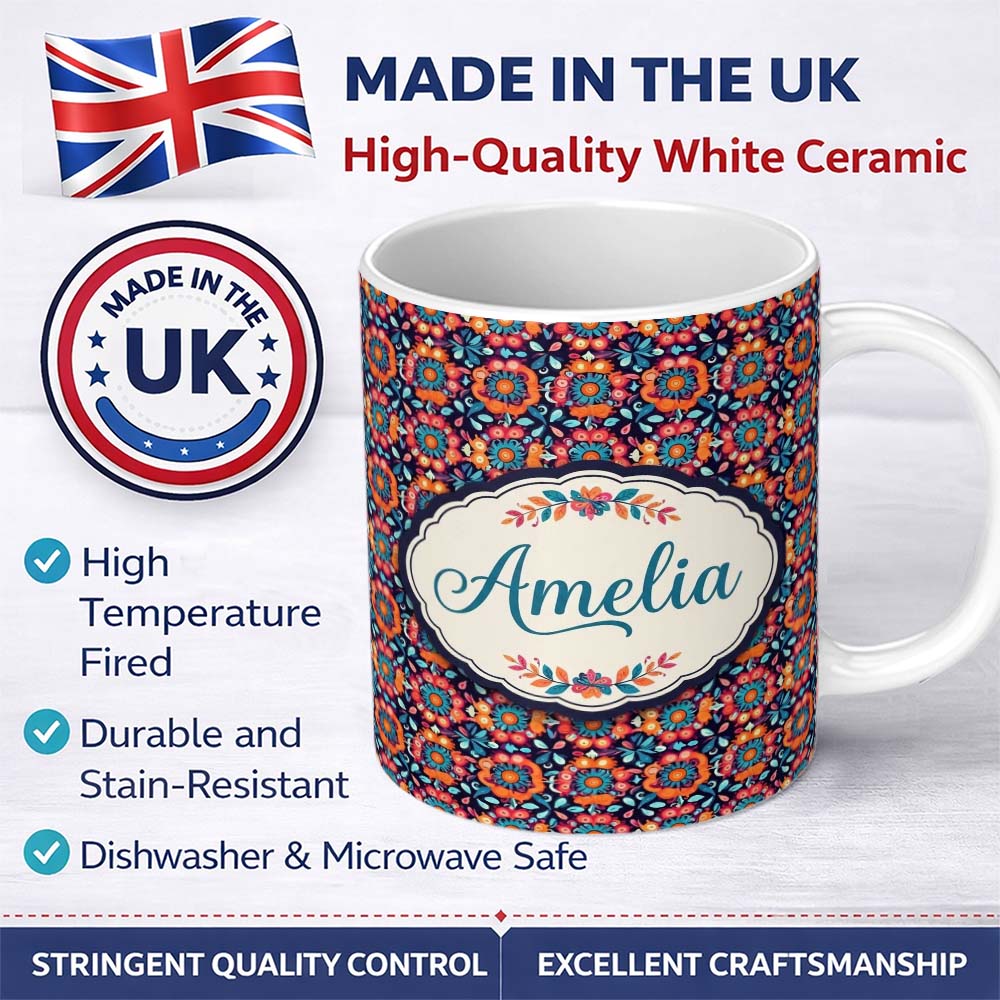 Personalized Custom Name Bold Folk Floral Night Garden Bright Blossoms Seamless Pattern Name 11oz Ceramic Coffee Tea Mug White Large Handle