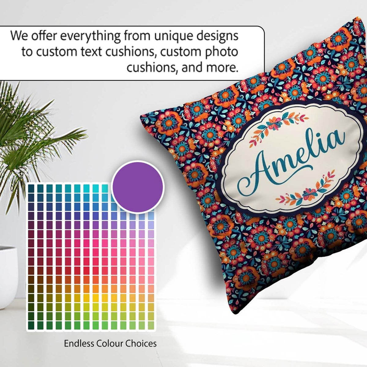 Custom Name Bold Folk Floral Night Garden Blossoms Seamless Name Square Filled Cushion Throw Pillow Sofa Bed Home Decor Zip Washable UK Made