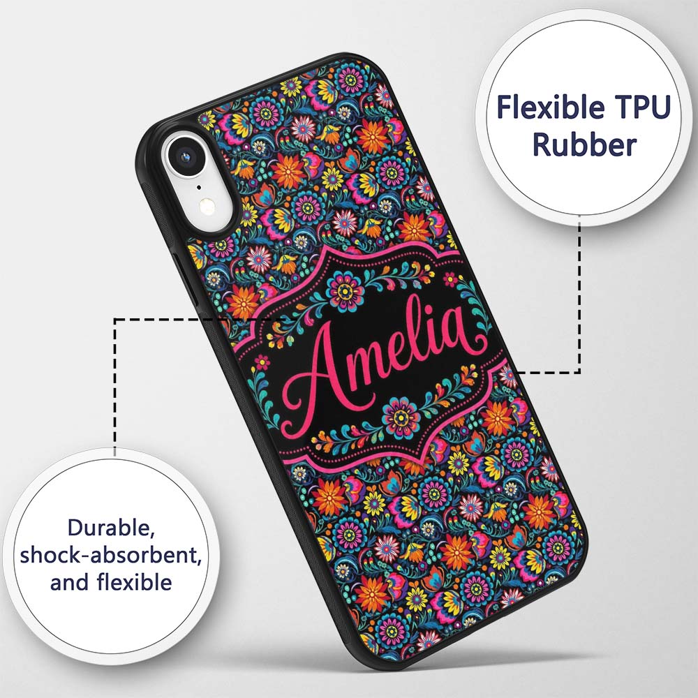 Bright Neon Folk Floral Black Background Seamless Custom Name Protective Phone Case Mobile Cover Durable Everyday Smartphone Shock Resistant