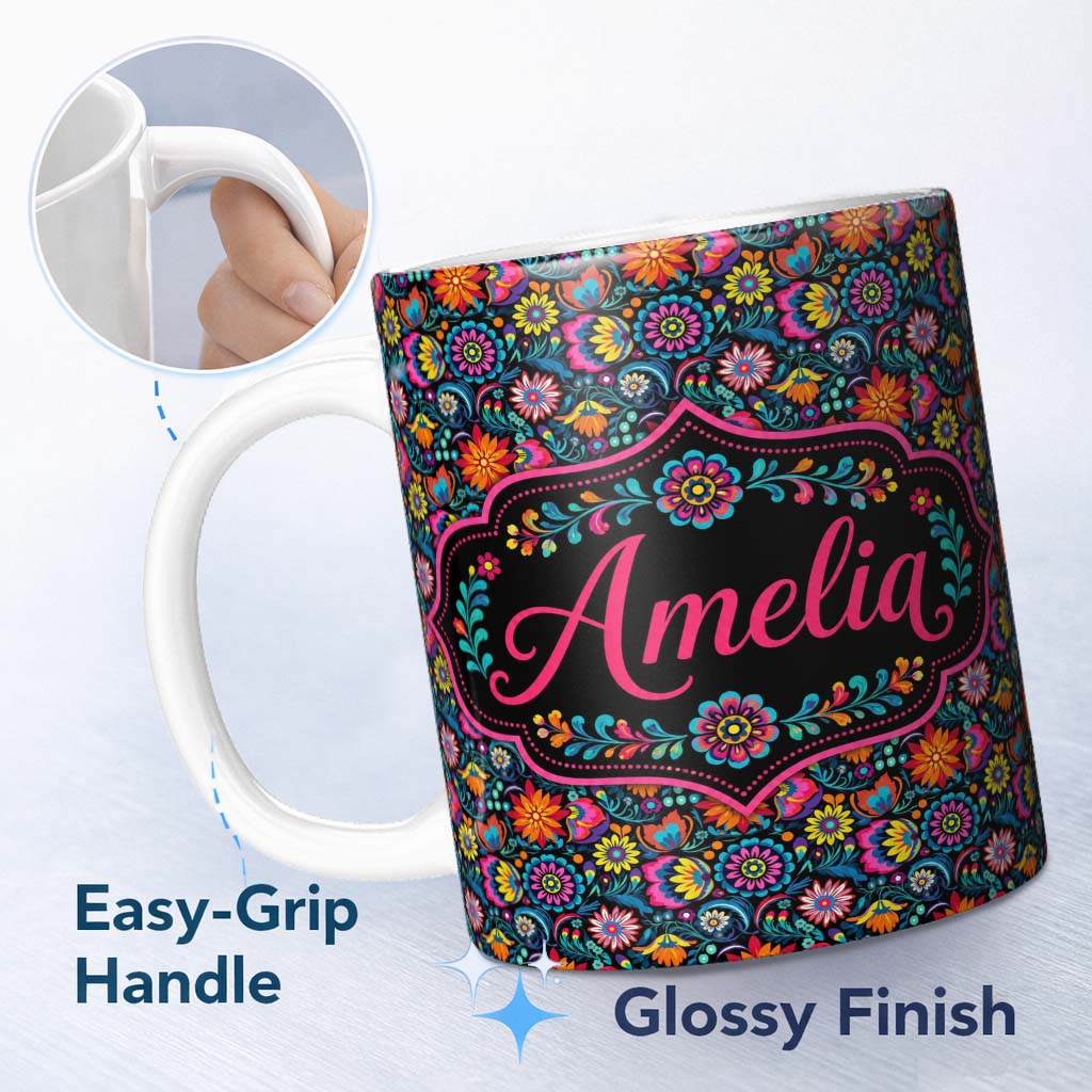 Personalized Custom Name Bright Neon Folk Floral Black Background Seamless Pattern Custom 11oz Ceramic Coffee Tea Mug White Large Handle