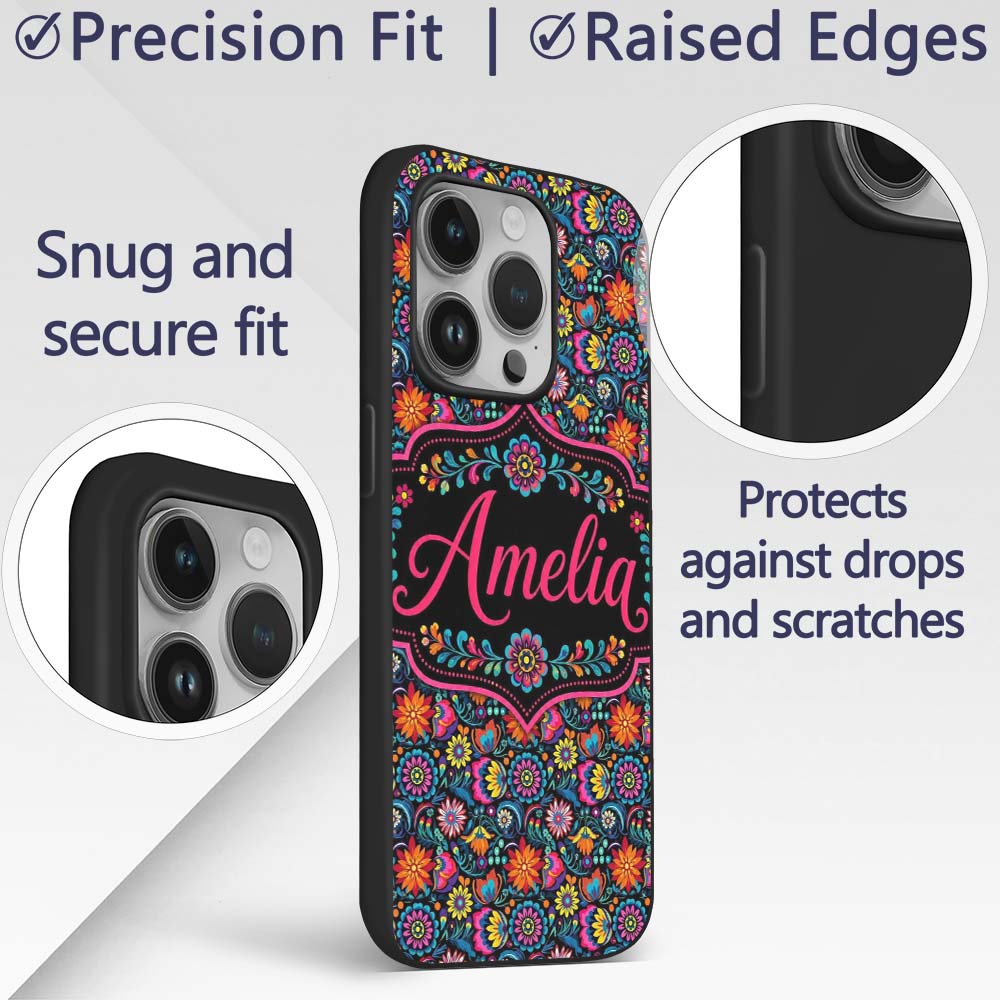 Bright Neon Folk Floral Black Background Seamless Custom Name Protective Phone Case Mobile Cover Durable Everyday Smartphone Shock Resistant