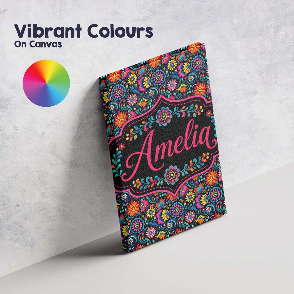 Personalised Name Bright Neon Folk Floral Custom Unique Gift Idea Elegant Feature Canvas Wall Art Print Decor Picture Ready to Hang