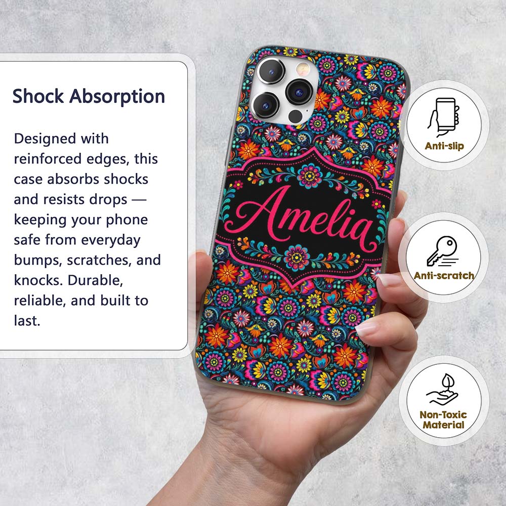 Bright Neon Folk Floral Black Background Seamless Custom Name Protective Phone Case Mobile Cover Durable Everyday Smartphone Shock Resistant