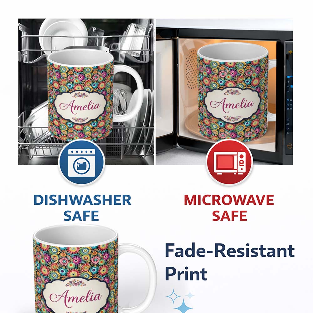 Personalized Custom Name Colorful Dense Floral Meadow Bloom Seamless Pattern Name Cute 11oz Ceramic Coffee Tea Mug White Large Handle