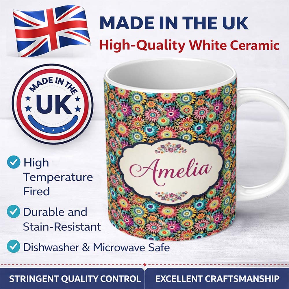 Personalized Custom Name Colorful Dense Floral Meadow Bloom Seamless Pattern Name Cute 11oz Ceramic Coffee Tea Mug White Large Handle