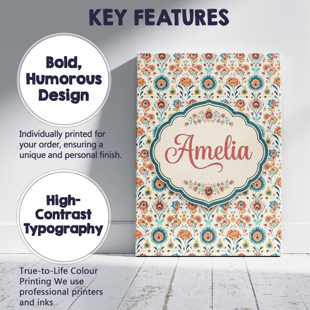 Personalised Name Scandinavian Folk Floral Custom Unique Gift Idea Elegant Feature Canvas Wall Art Print Decor Picture Ready to Hang