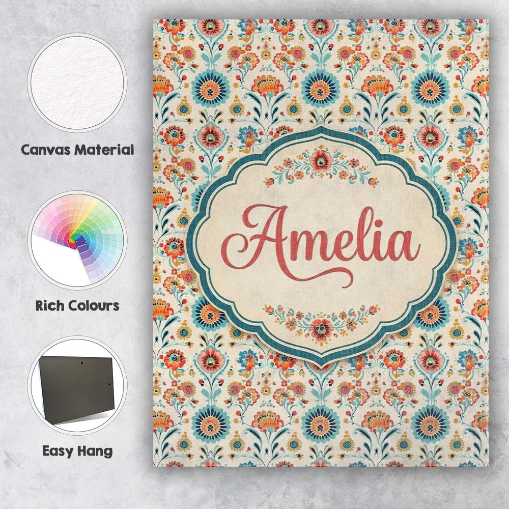 Personalised Name Scandinavian Folk Floral Custom Unique Gift Idea Elegant Feature Canvas Wall Art Print Decor Picture Ready to Hang
