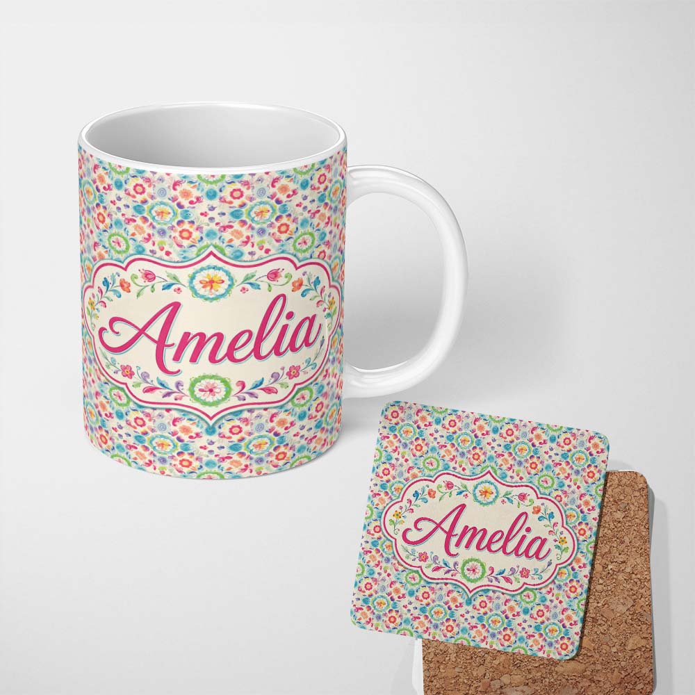 Personalized Custom Name Watercolor Boho Floral Pastel Medallion Soft Seamless Pattern Name 11oz Ceramic Coffee Tea Mug White Large Handle