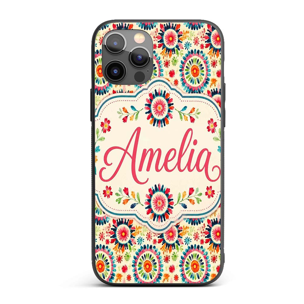 Bright Folk Art Floral Burst Circle Seamless Custom Name Protective Phone Case Mobile Cover Durable Everyday Smartphone Shock Resistant