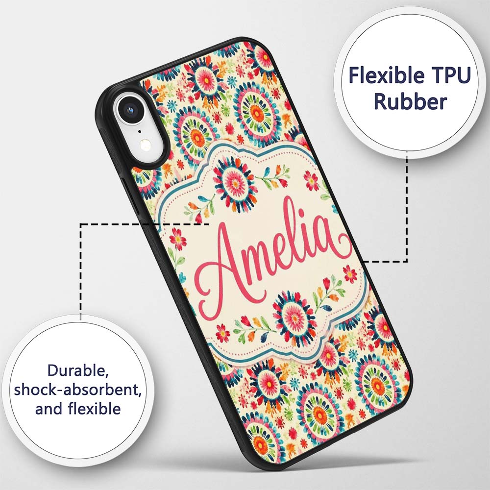 Bright Folk Art Floral Burst Circle Seamless Custom Name Protective Phone Case Mobile Cover Durable Everyday Smartphone Shock Resistant