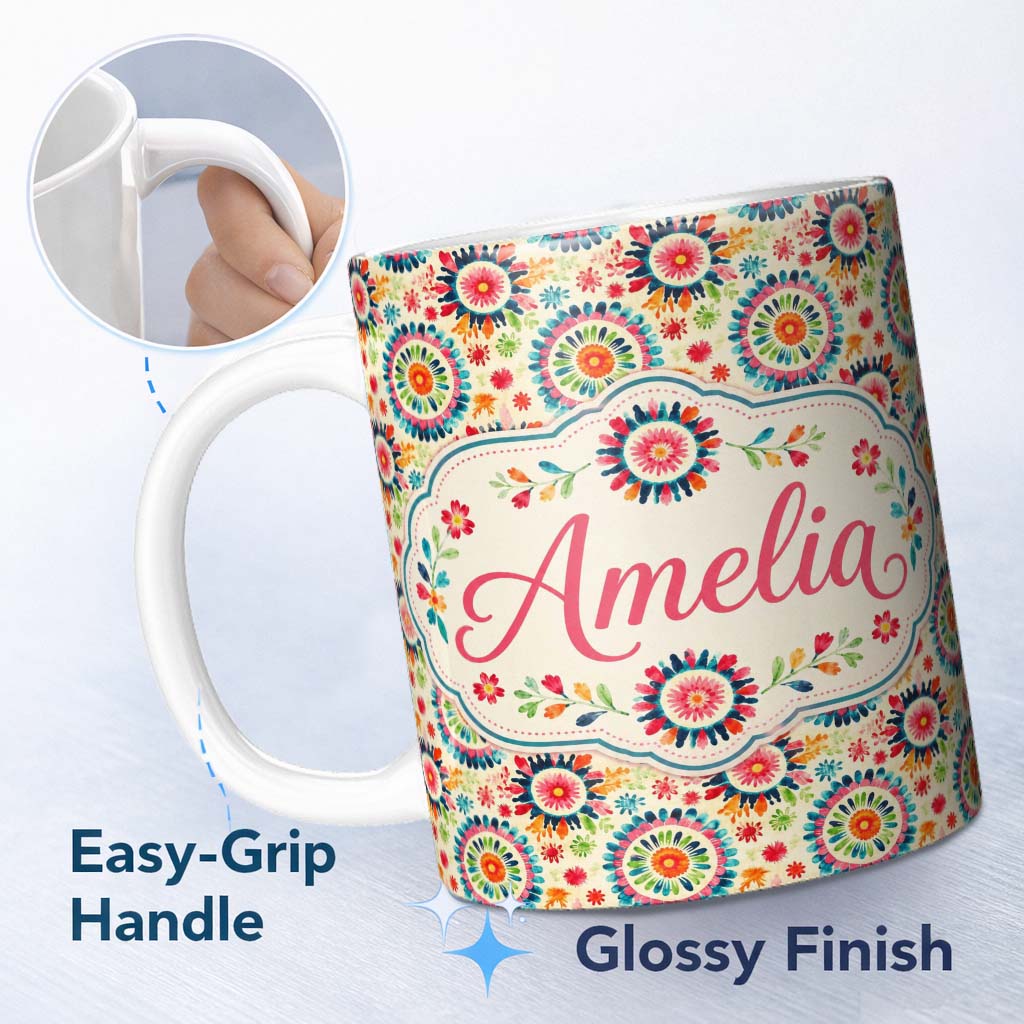 Personalized Custom Name Bright Folk Art Floral Burst Circle Seamless Pattern Name Cute 11oz Ceramic Coffee Tea Mug White Large Handle