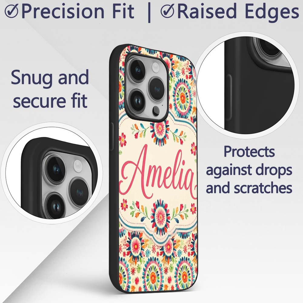 Bright Folk Art Floral Burst Circle Seamless Custom Name Protective Phone Case Mobile Cover Durable Everyday Smartphone Shock Resistant