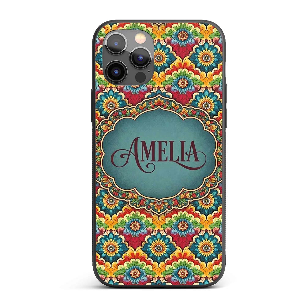 Colorful Floral Tile Bold Symmetry Printed Design Custom Name Protective Phone Case Mobile Cover Durable Everyday Smartphone Shock Resistant