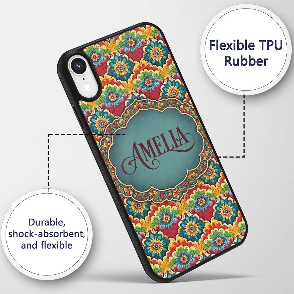 Colorful Floral Tile Bold Symmetry Printed Design Custom Name Protective Phone Case Mobile Cover Durable Everyday Smartphone Shock Resistant