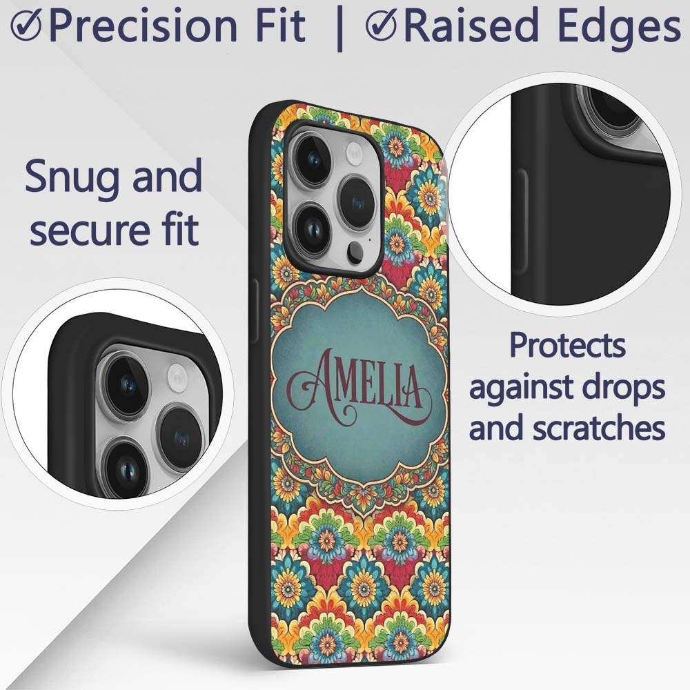Colorful Floral Tile Bold Symmetry Printed Design Custom Name Protective Phone Case Mobile Cover Durable Everyday Smartphone Shock Resistant