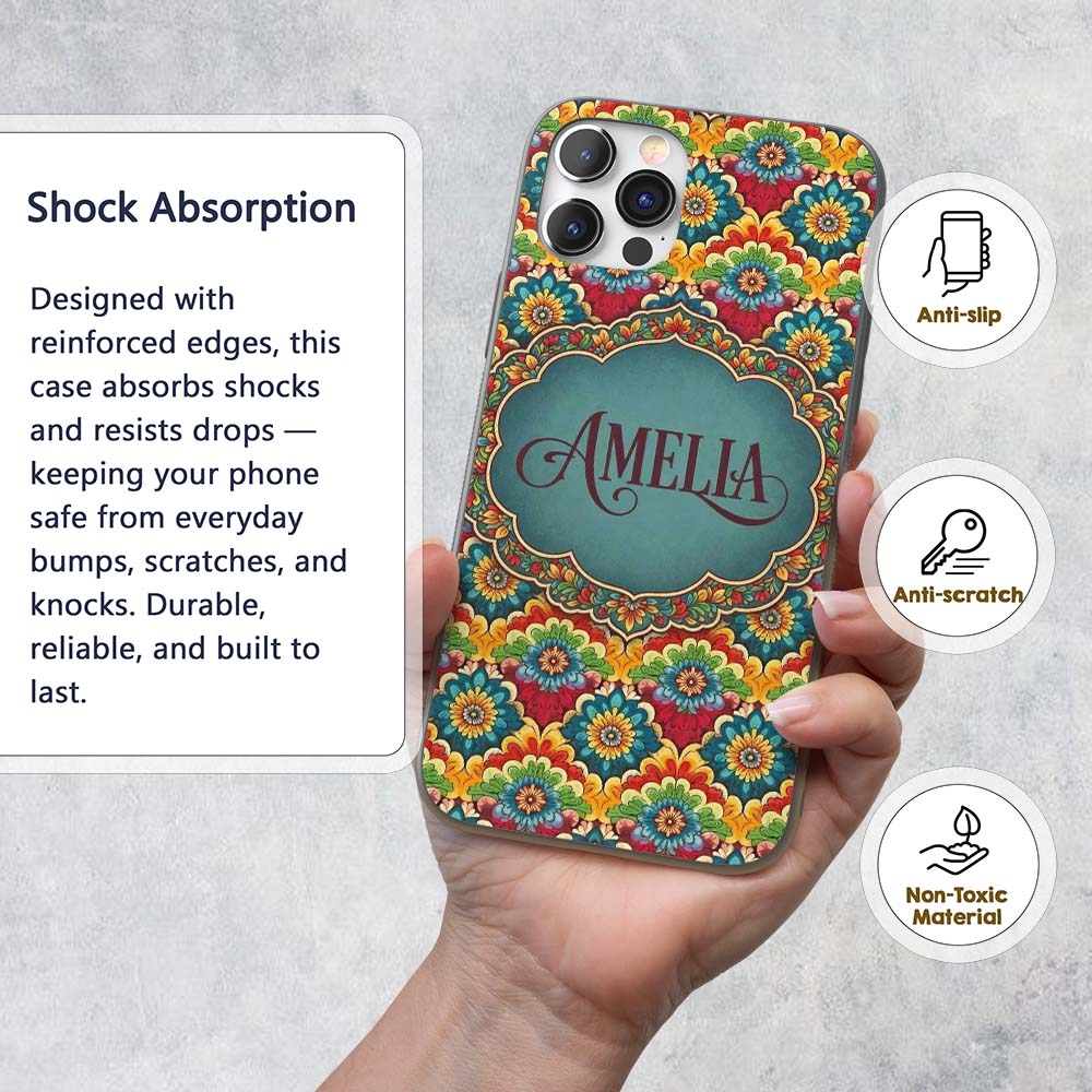 Colorful Floral Tile Bold Symmetry Printed Design Custom Name Protective Phone Case Mobile Cover Durable Everyday Smartphone Shock Resistant