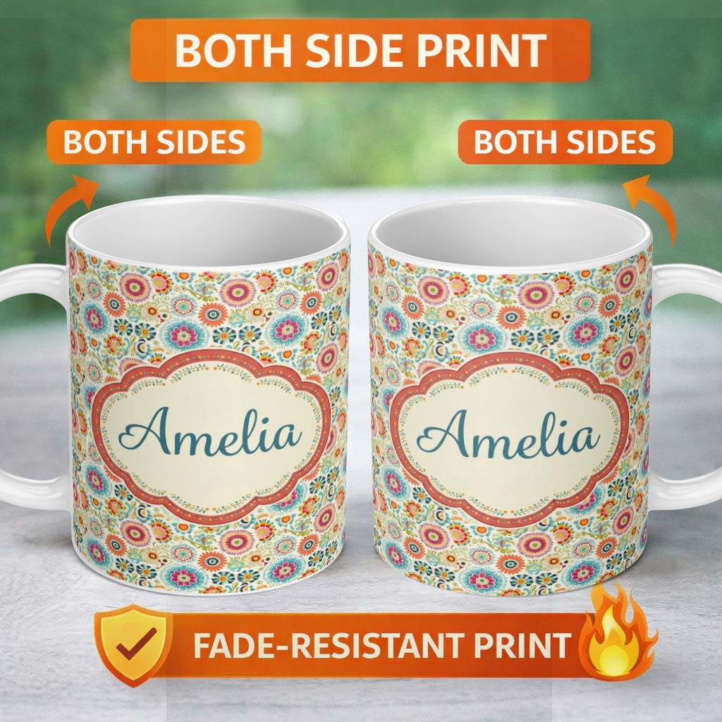 Personalized Custom Name Playful Vintage Floral Scatter Bright Garden Seamless Pattern Name 11oz Ceramic Coffee Tea Mug White Large Handle