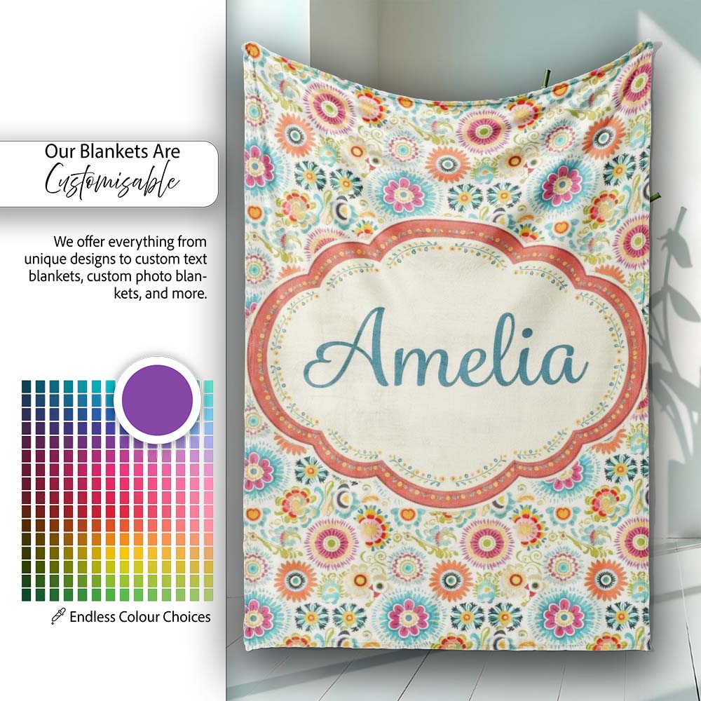 Playful Vintage Floral Scatter Bright Garden Seamless Pattern Name Personalised Custom Name Super Soft Fleece Blanket Bed Sofa Throw