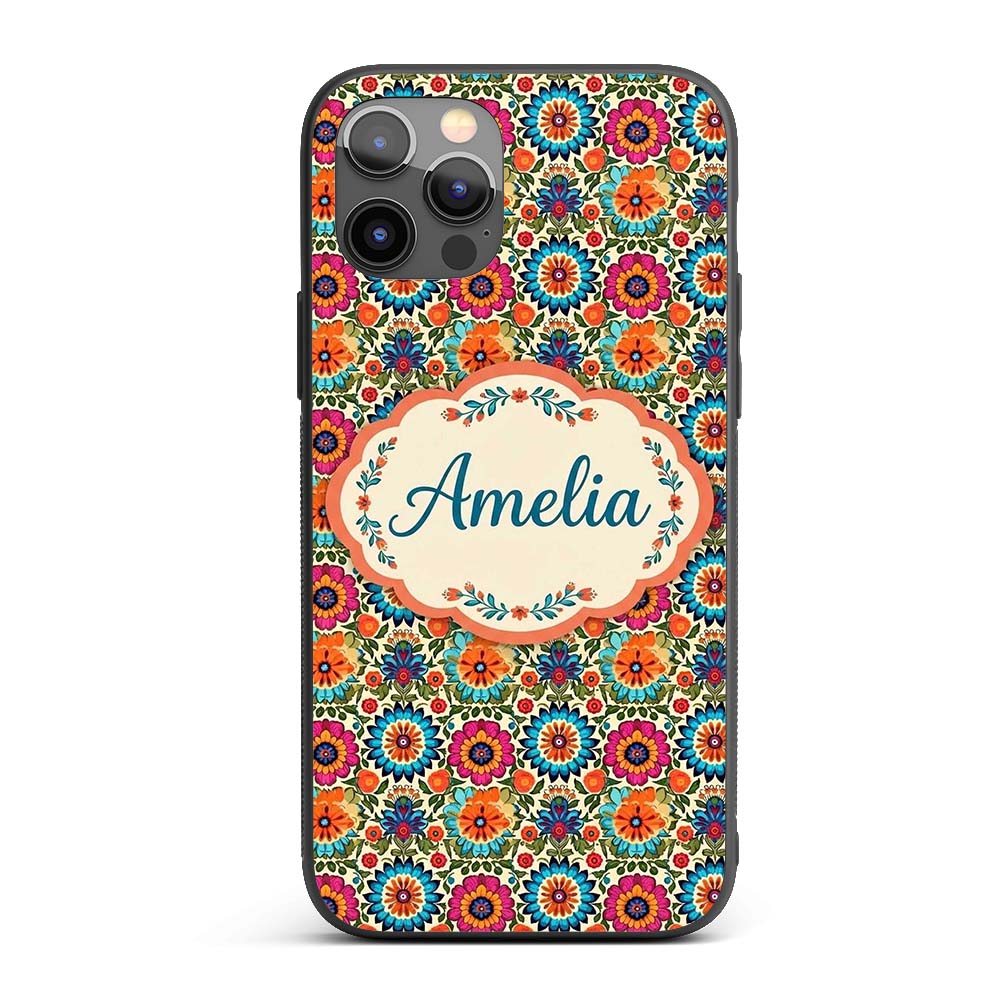 Vibrant Folk Floral Bouquet Garden Style Seamless Custom Name Protective Phone Case Mobile Cover Durable Everyday Smartphone Shock Resistant
