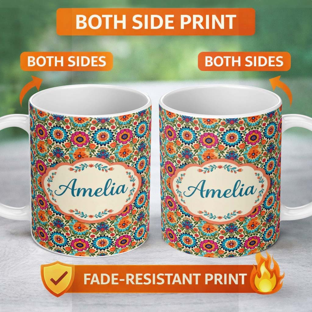 Personalized Custom Name Vibrant Folk Floral Bouquet Garden Style Seamless Pattern Custom 11oz Ceramic Coffee Tea Mug White Large Handle