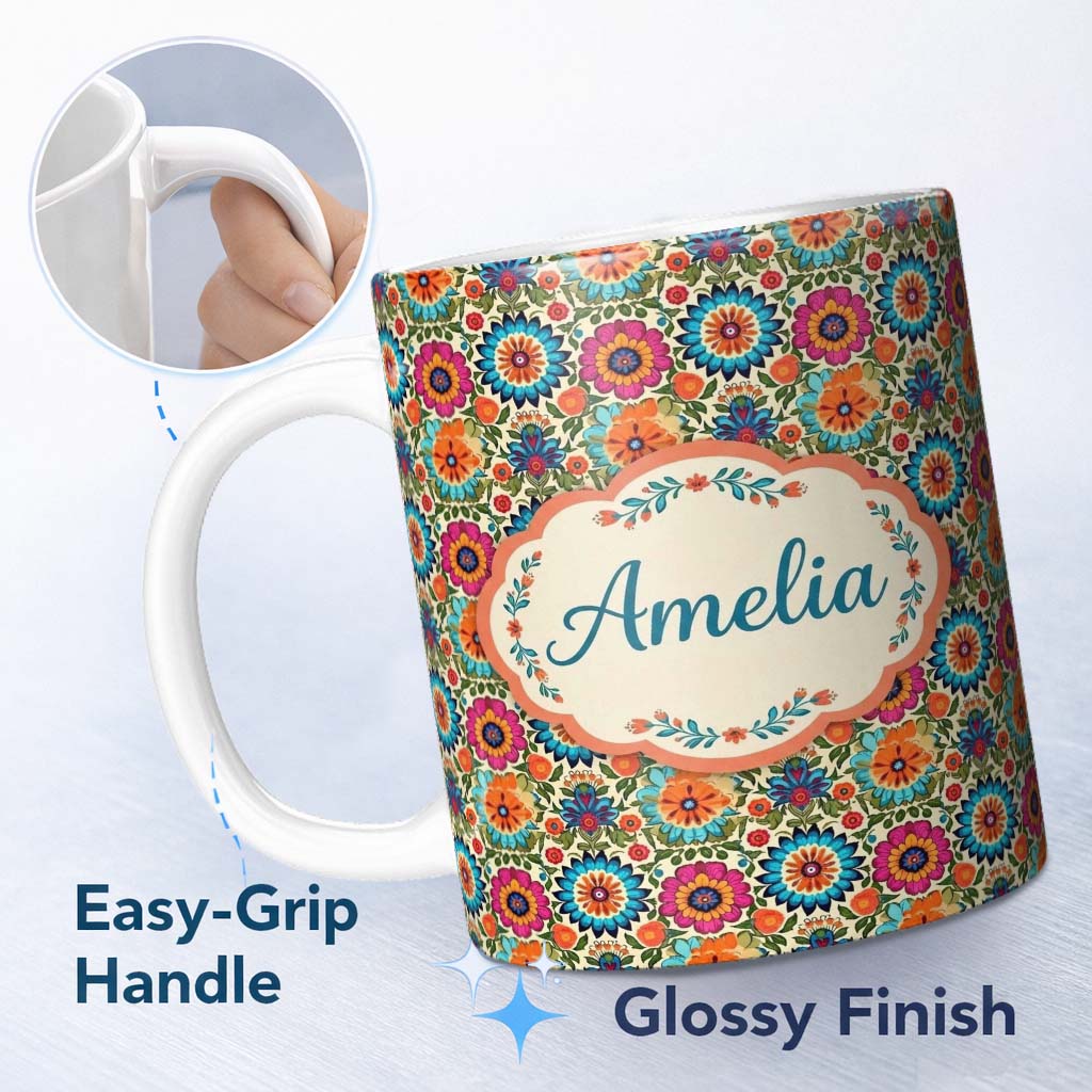 Personalized Custom Name Vibrant Folk Floral Bouquet Garden Style Seamless Pattern Custom 11oz Ceramic Coffee Tea Mug White Large Handle