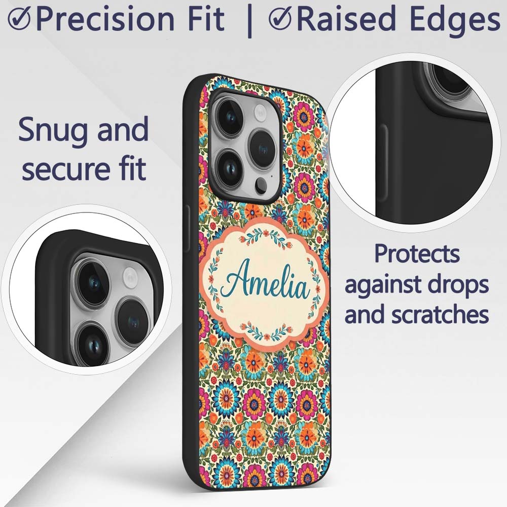 Vibrant Folk Floral Bouquet Garden Style Seamless Custom Name Protective Phone Case Mobile Cover Durable Everyday Smartphone Shock Resistant